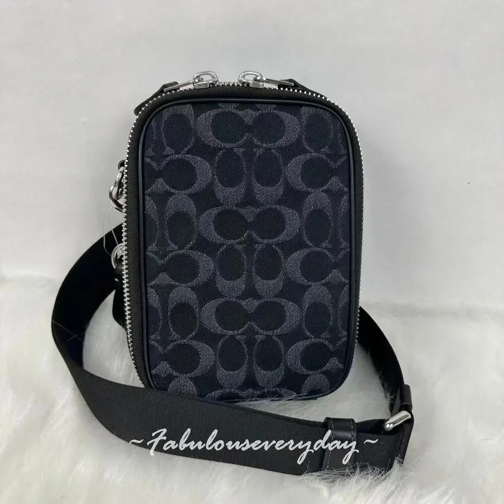 Coach Men Stanton Crossbody Bag In Signature Denim/Silver/Black CAJ44 NWT